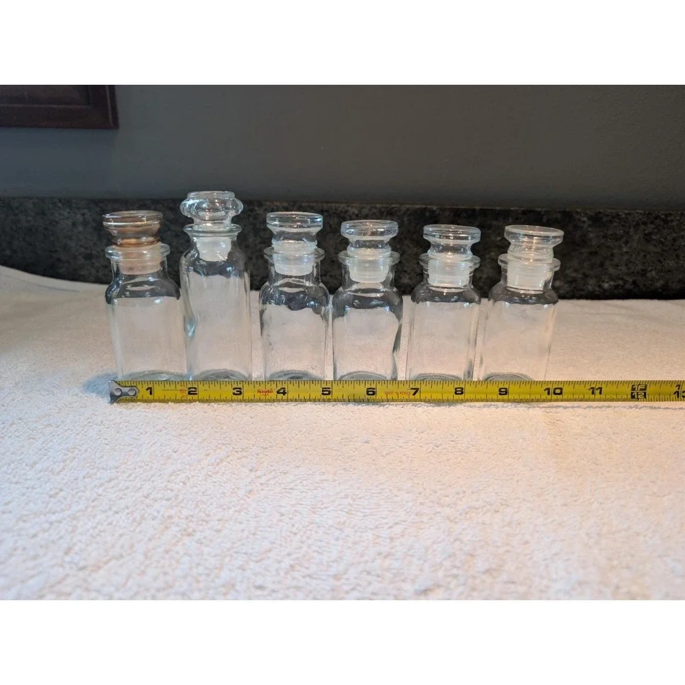 6 Vintage Clear Glass Apothecary Spice Jars/Bottles w/Stoppers Wagner Japan